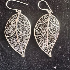 Delicate Silver Plated Leaf Filigree Hook Earrings - Women Jewelry
